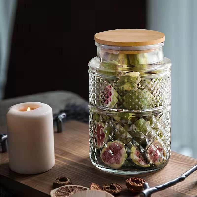 60oz Large Glass Storage Jar with Bamboo Lid – 1.5Qt Airtight Embossed Container for Pantry, Kitchen, Flour, Sugar, Coffee, Cereal, Pasta, and Dry Food