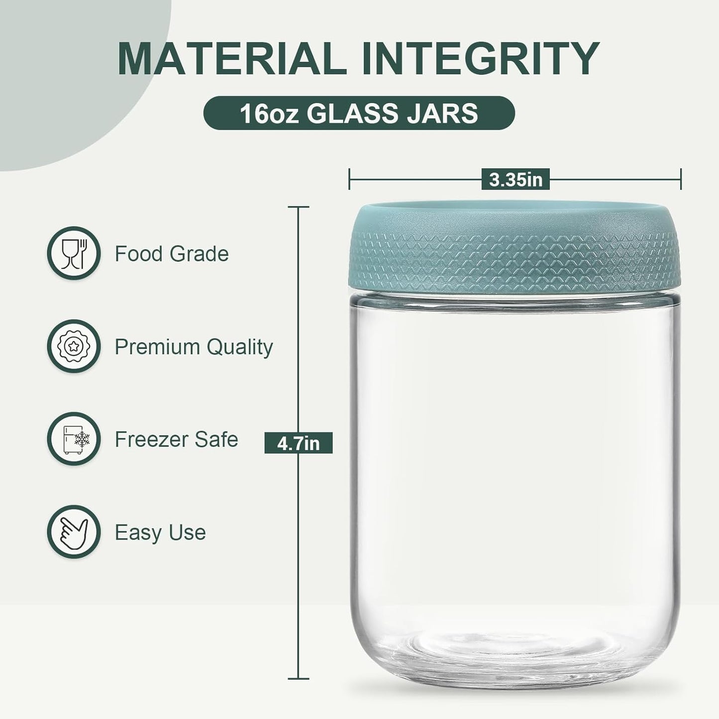 6-Pack 16oz Airtight Glass Storage Jars with Anti-Slip Screw Lids – Freezer Safe, Food Grade, Clear Borosilicate Containers for Kitchen & Pantry
