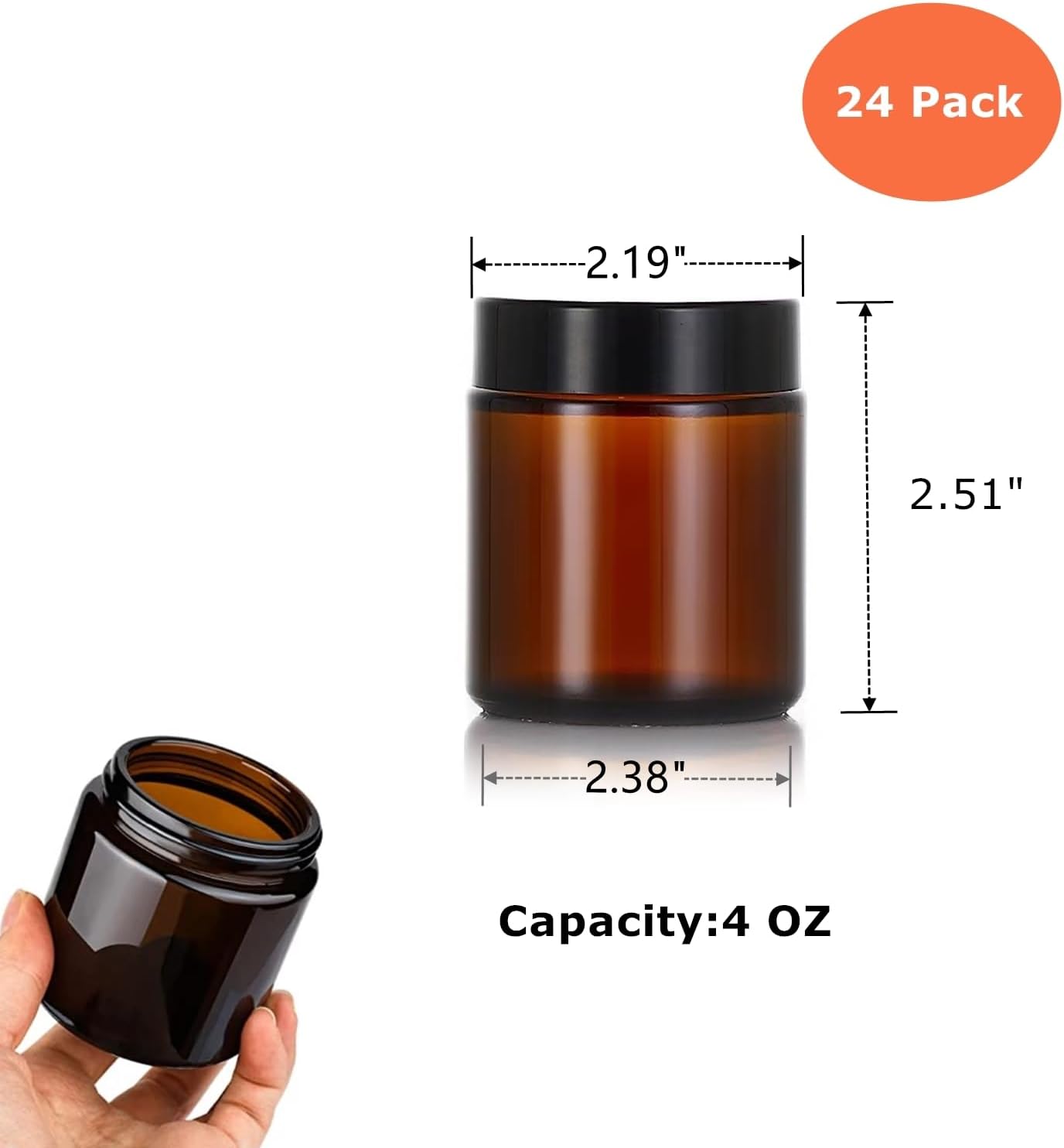 24-Pack 4oz Amber Glass Jars with Black Lids – Wide Mouth, BPA-Free, Reusable Containers for Creams, Salves, Candles, Balms & DIY Packaging