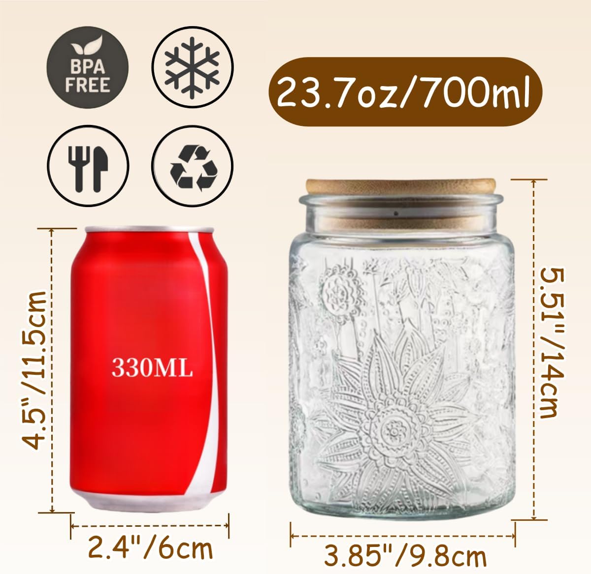 700ml / 23.7oz Embossed Glass Jar with Natural Bamboo Lid – Airtight, BPA-Free, Freezer Safe, Durable Storage Container for Dry Goods, Snacks, Tea & More