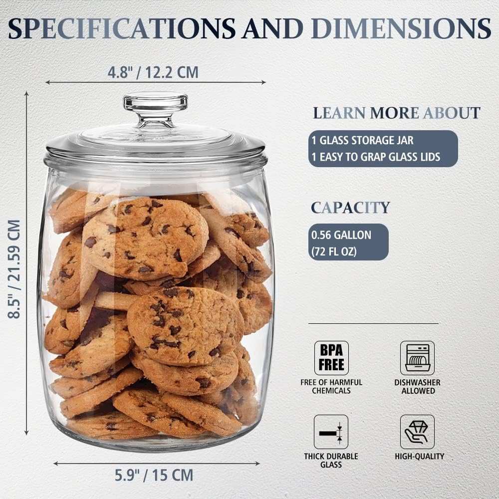 0.56 Gallon (72oz) Clear Glass Storage Jar with Easy-Grip Glass Lid – Thick Food-Safe Glass, BPA-Free, Dishwasher Safe, Perfect for Snacks, Dry Goods, or Display