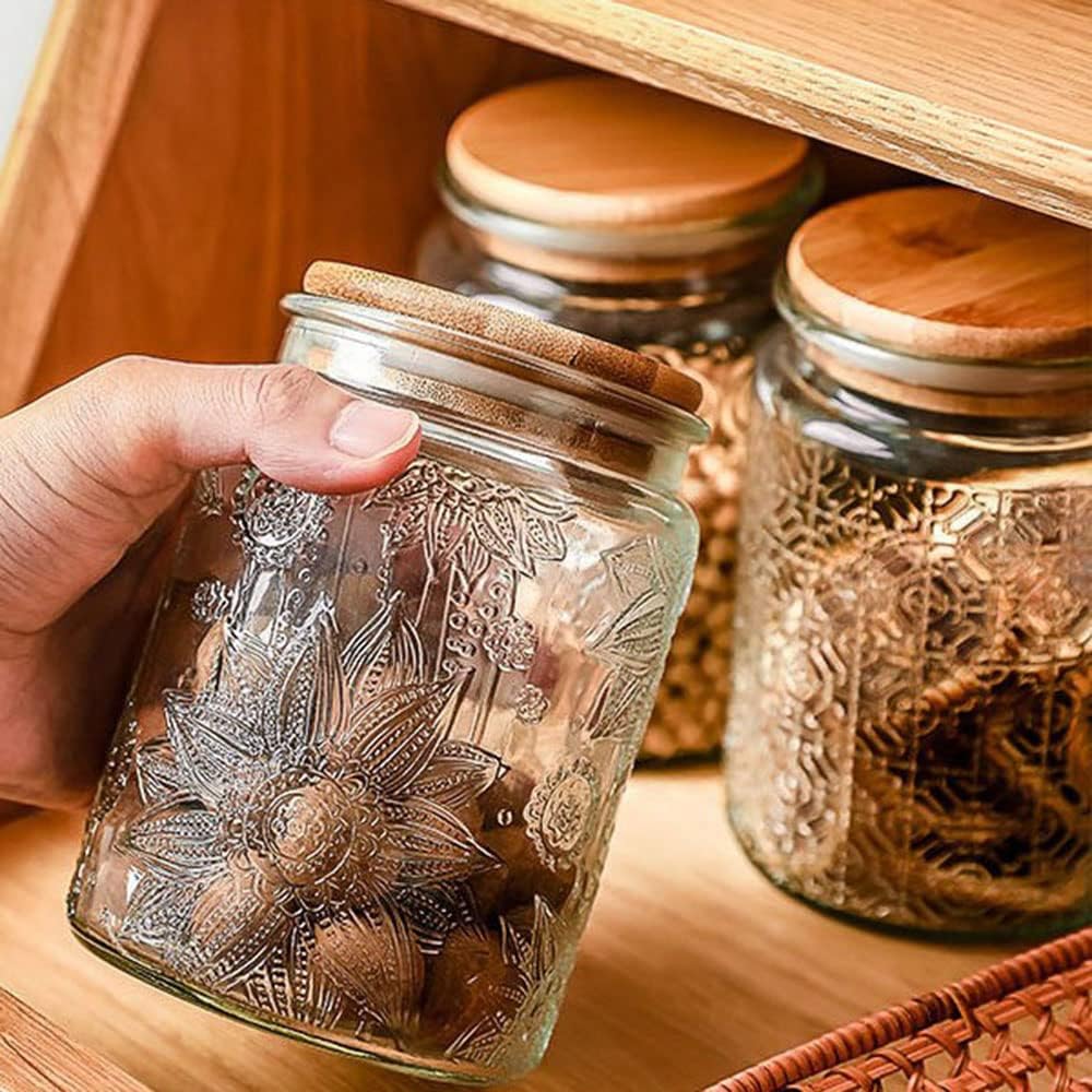700ml / 23.7oz Embossed Glass Jar with Natural Bamboo Lid – Airtight, BPA-Free, Freezer Safe, Durable Storage Container for Dry Goods, Snacks, Tea & More