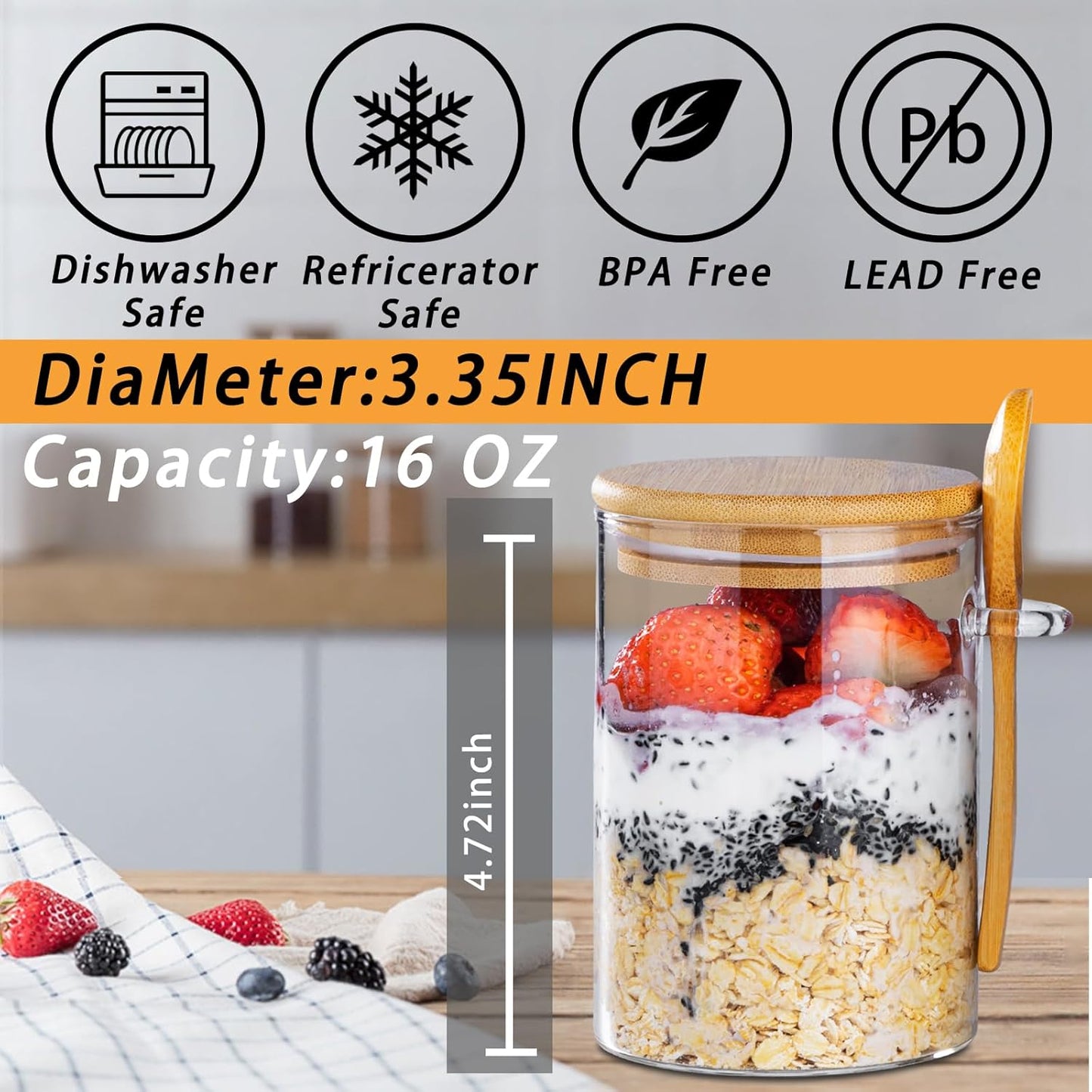 16oz Glass Storage Jar with Bamboo Clamp Lid – Airtight Round Container for Overnight Oats, Yogurt, Snacks, BPA-Free, Lead-Free, Dishwasher and Fridge Safe