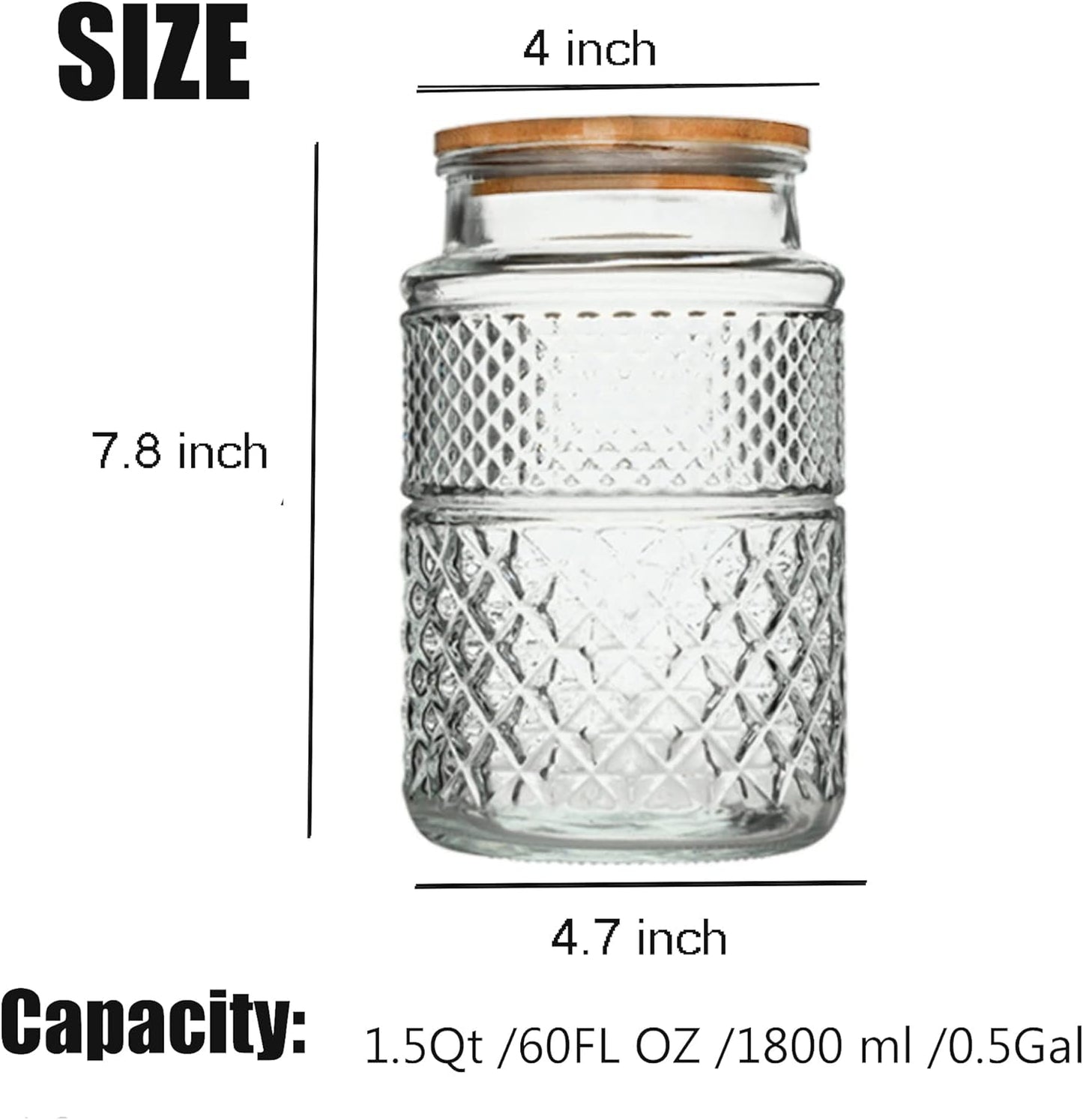 60oz Large Glass Storage Jar with Bamboo Lid – 1.5Qt Airtight Embossed Container for Pantry, Kitchen, Flour, Sugar, Coffee, Cereal, Pasta, and Dry Food