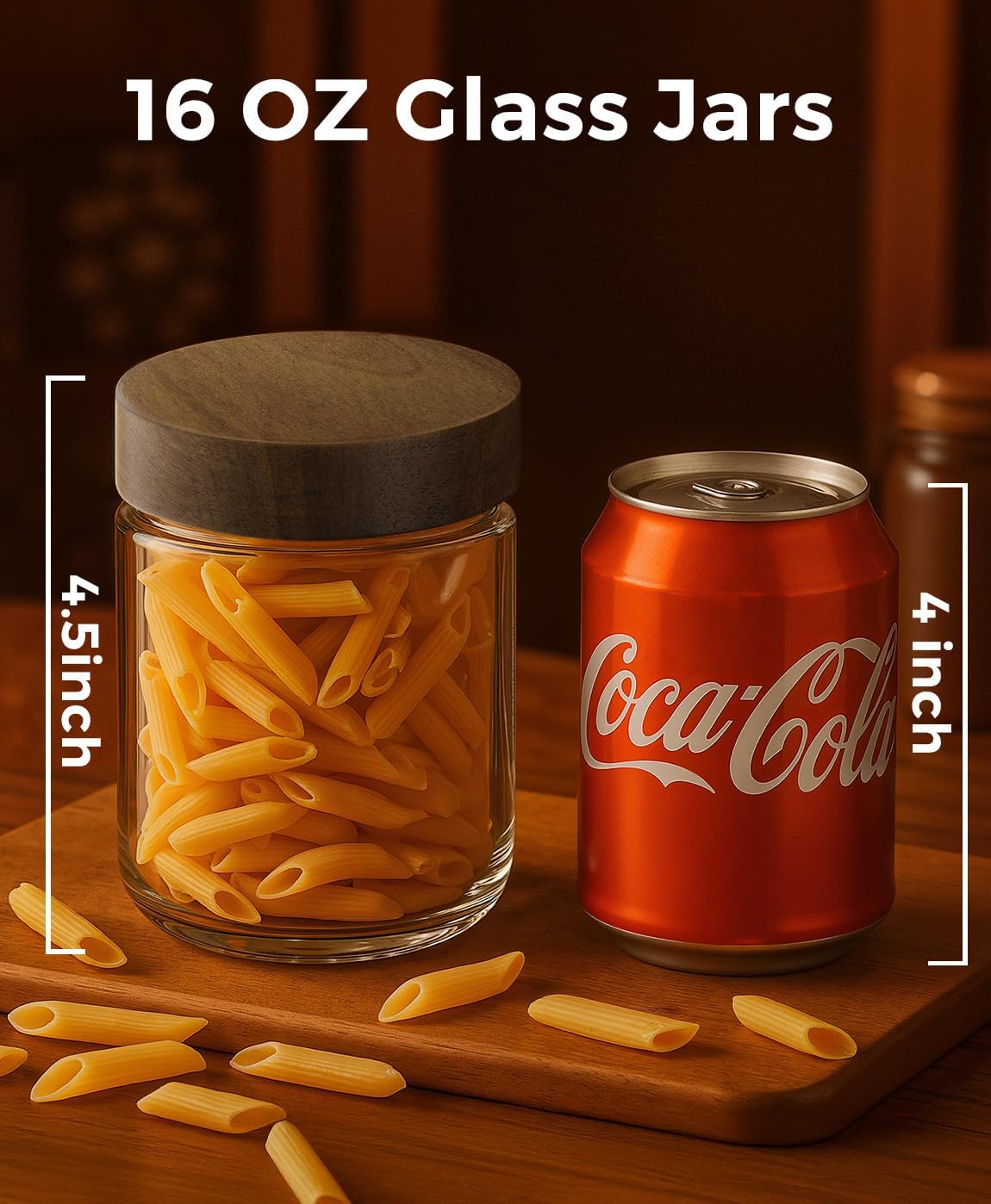 4-Pack 16oz Clear Glass Storage Jars with Natural Wooden Lids – Airtight Food Containers for Pasta, Coffee, Spices, Snacks & More