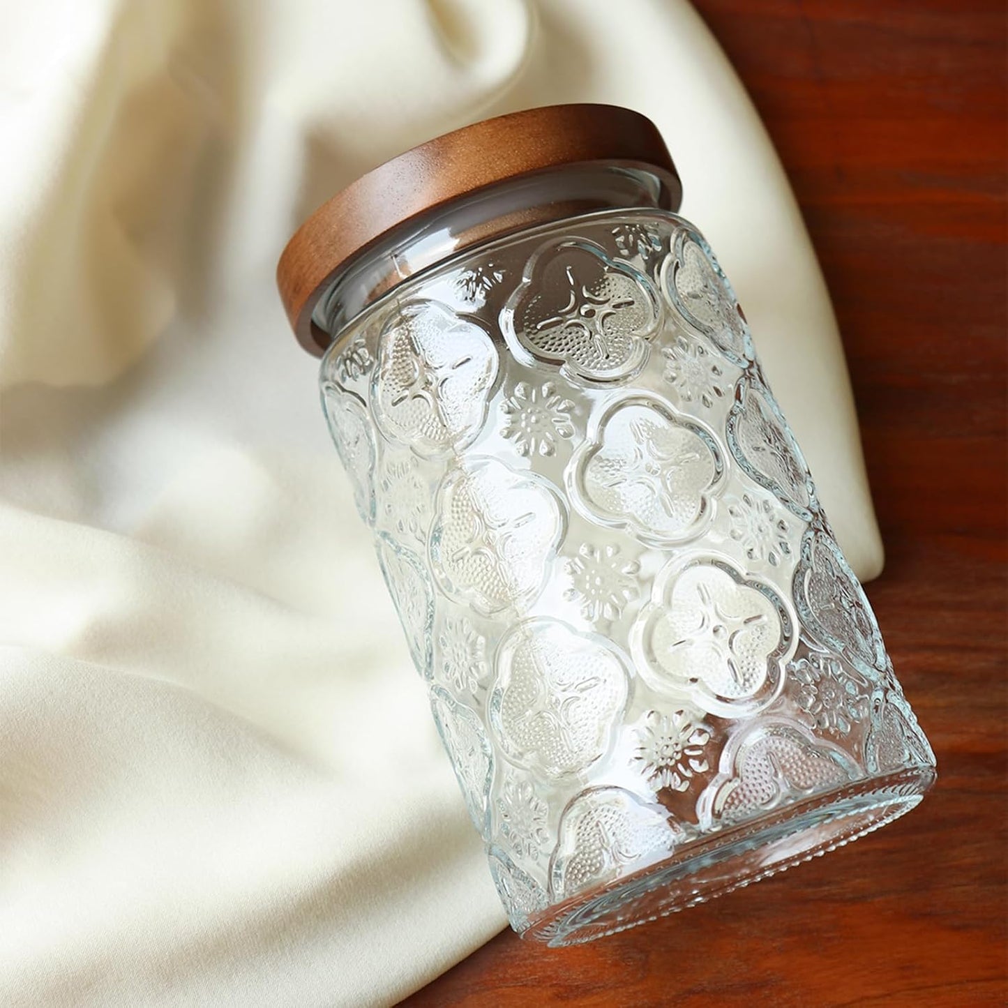 32oz Embossed Glass Jar with Natural Wooden Lid – Airtight, BPA-Free, Thick Food-Safe Glass Storage Container for Dry Goods, Snacks, Tea, Coffee & More