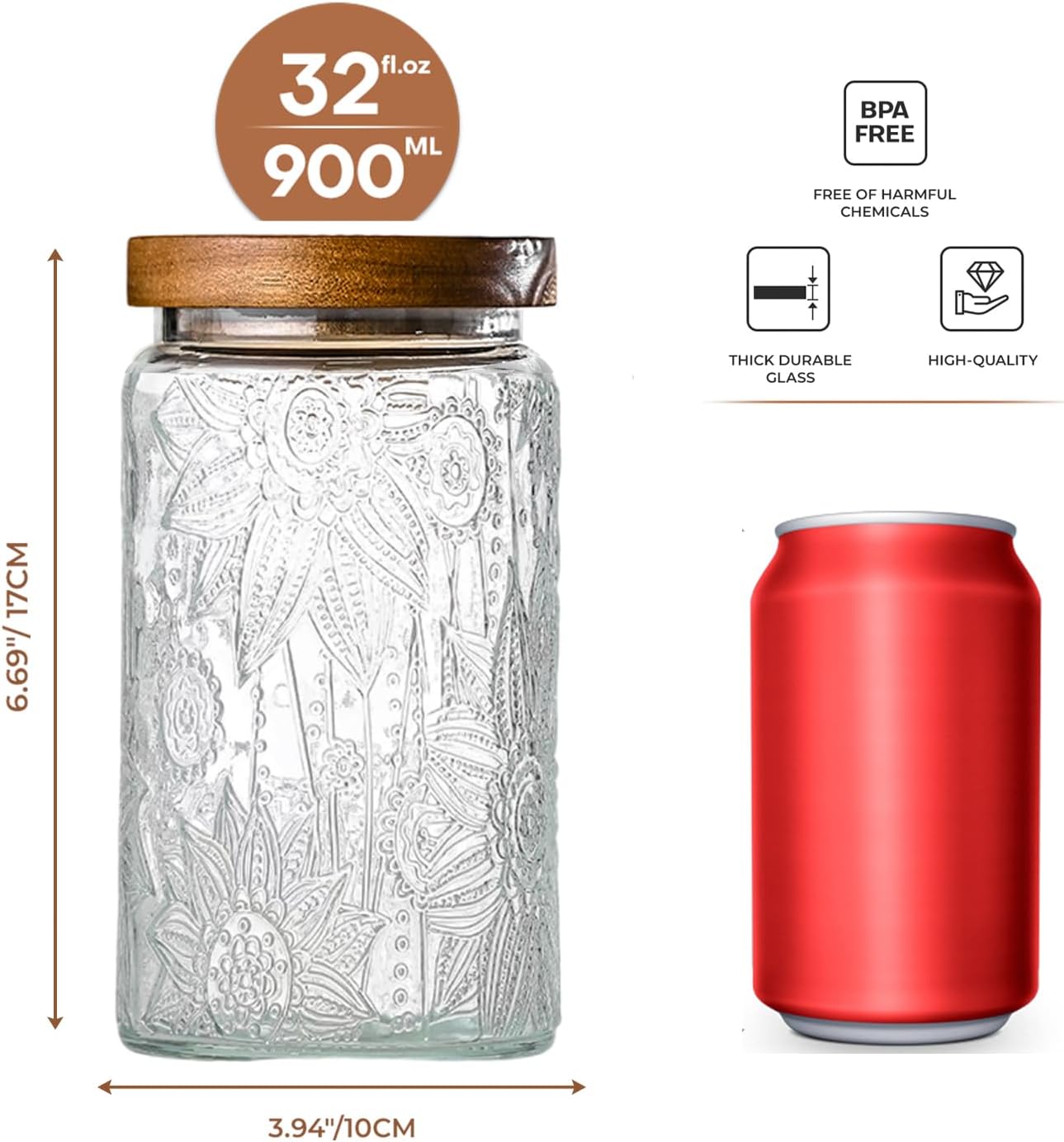 32oz Embossed Glass Jar with Natural Wooden Lid – Airtight, BPA-Free, Thick Food-Safe Glass Storage Container for Dry Goods, Snacks, Tea, Coffee & More