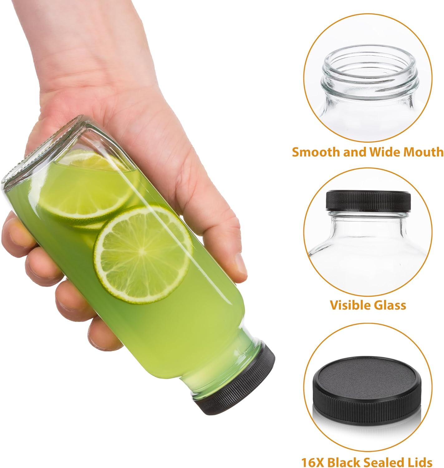 480ml / 16oz Glass Bottles (Set of 3 with 6 Lids) – Leak-Proof, Reusable, Dishwasher & Refrigerator Safe, Ideal for Juice, Tea, Spices