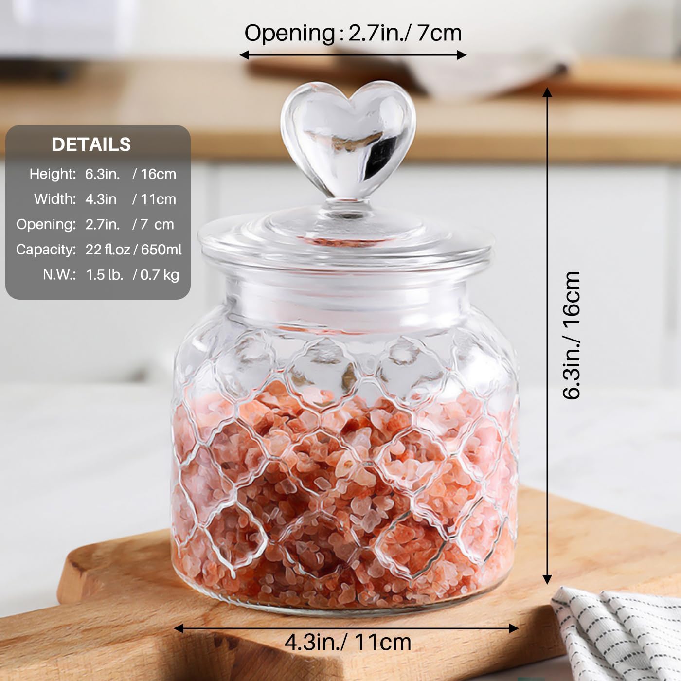 Heart-Shaped Glass Storage Jar with Lid – 650ml/22oz Decorative Embossed Clear Jar for Candy, Bath Salt, Coffee Beans, or Home Décor