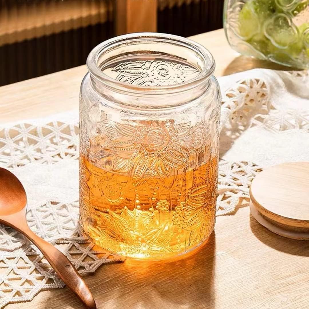 700ml / 23.7oz Embossed Glass Jar with Natural Bamboo Lid – Airtight, BPA-Free, Freezer Safe, Durable Storage Container for Dry Goods, Snacks, Tea & More