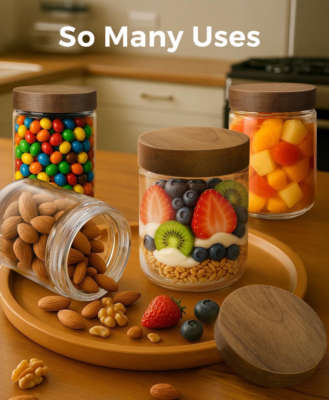 4-Pack 16oz Clear Glass Storage Jars with Natural Wooden Lids – Airtight Food Containers for Pasta, Coffee, Spices, Snacks & More