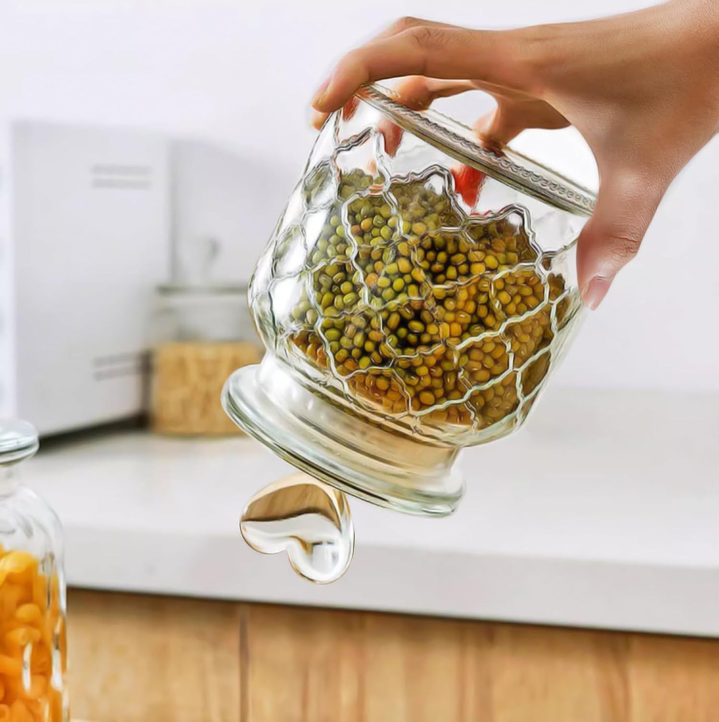Heart-Shaped Glass Storage Jar with Lid – 650ml/22oz Decorative Embossed Clear Jar for Candy, Bath Salt, Coffee Beans, or Home Décor