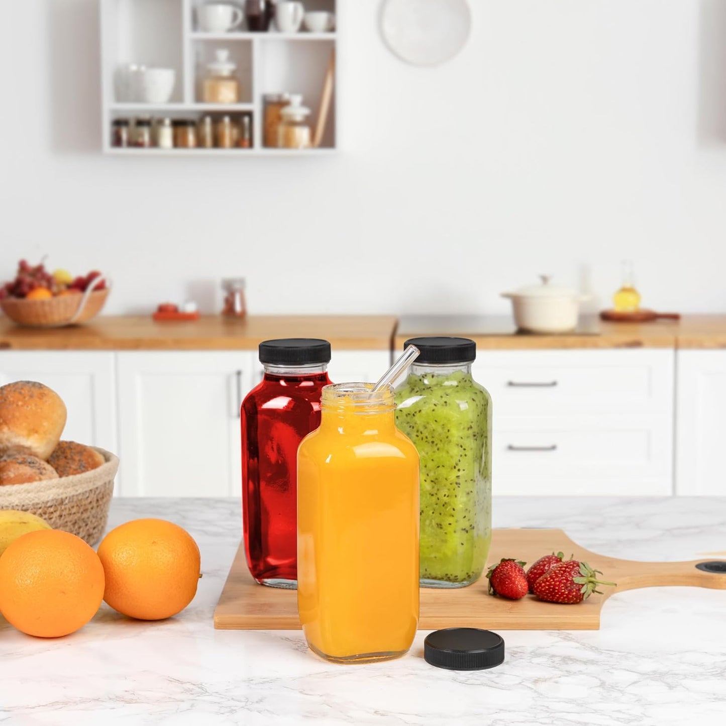 480ml / 16oz Glass Bottles (Set of 3 with 6 Lids) – Leak-Proof, Reusable, Dishwasher & Refrigerator Safe, Ideal for Juice, Tea, Spices