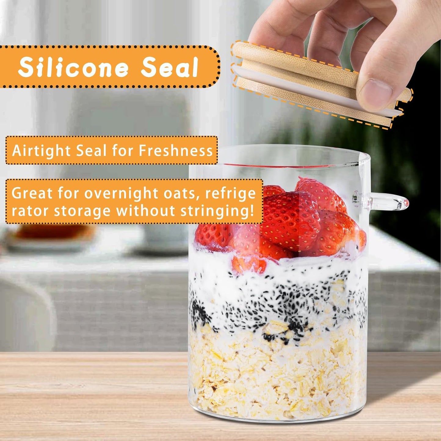 16oz Glass Storage Jar with Bamboo Clamp Lid – Airtight Round Container for Overnight Oats, Yogurt, Snacks, BPA-Free, Lead-Free, Dishwasher and Fridge Safe