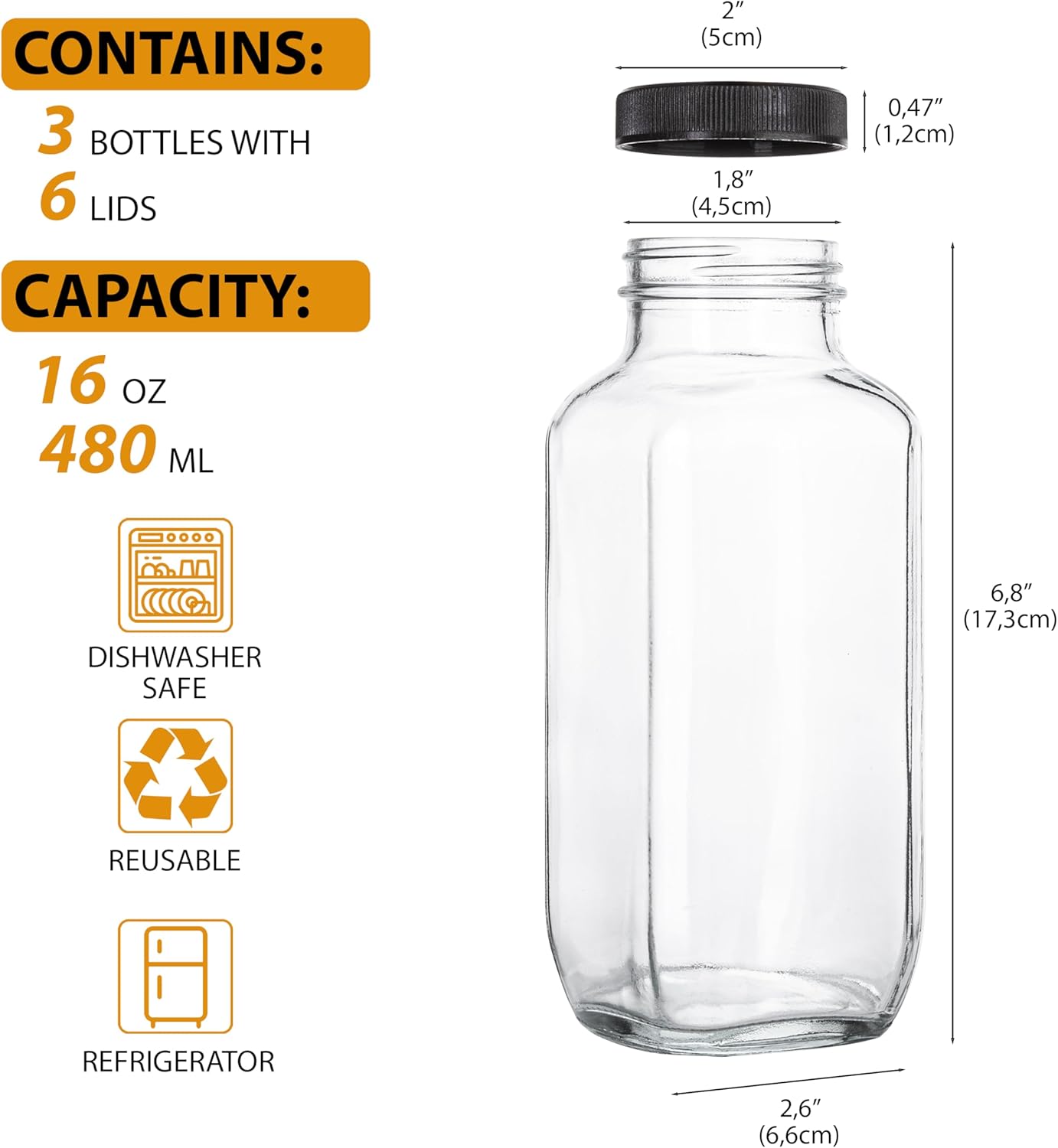 480ml / 16oz Glass Bottles (Set of 3 with 6 Lids) – Leak-Proof, Reusable, Dishwasher & Refrigerator Safe, Ideal for Juice, Tea, Spices