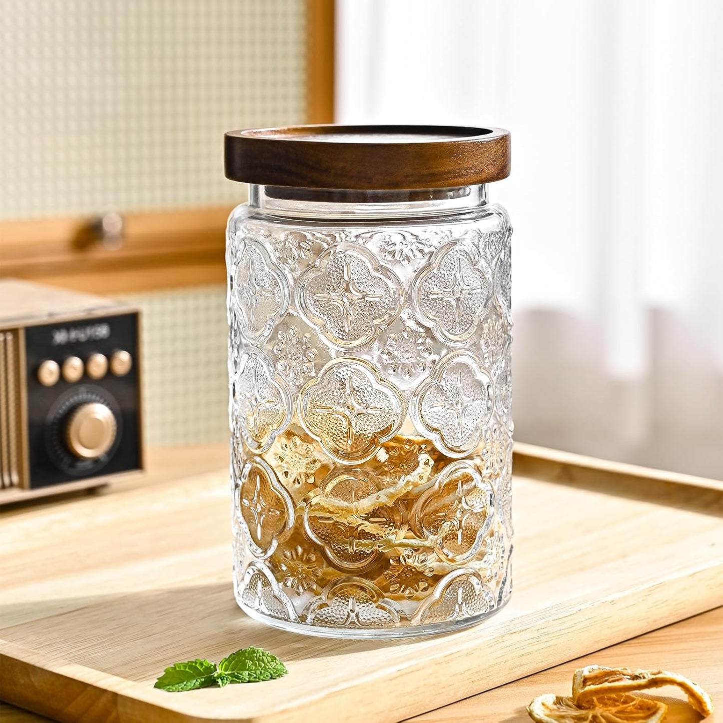 32oz Embossed Glass Jar with Natural Wooden Lid – Airtight, BPA-Free, Thick Food-Safe Glass Storage Container for Dry Goods, Snacks, Tea, Coffee & More