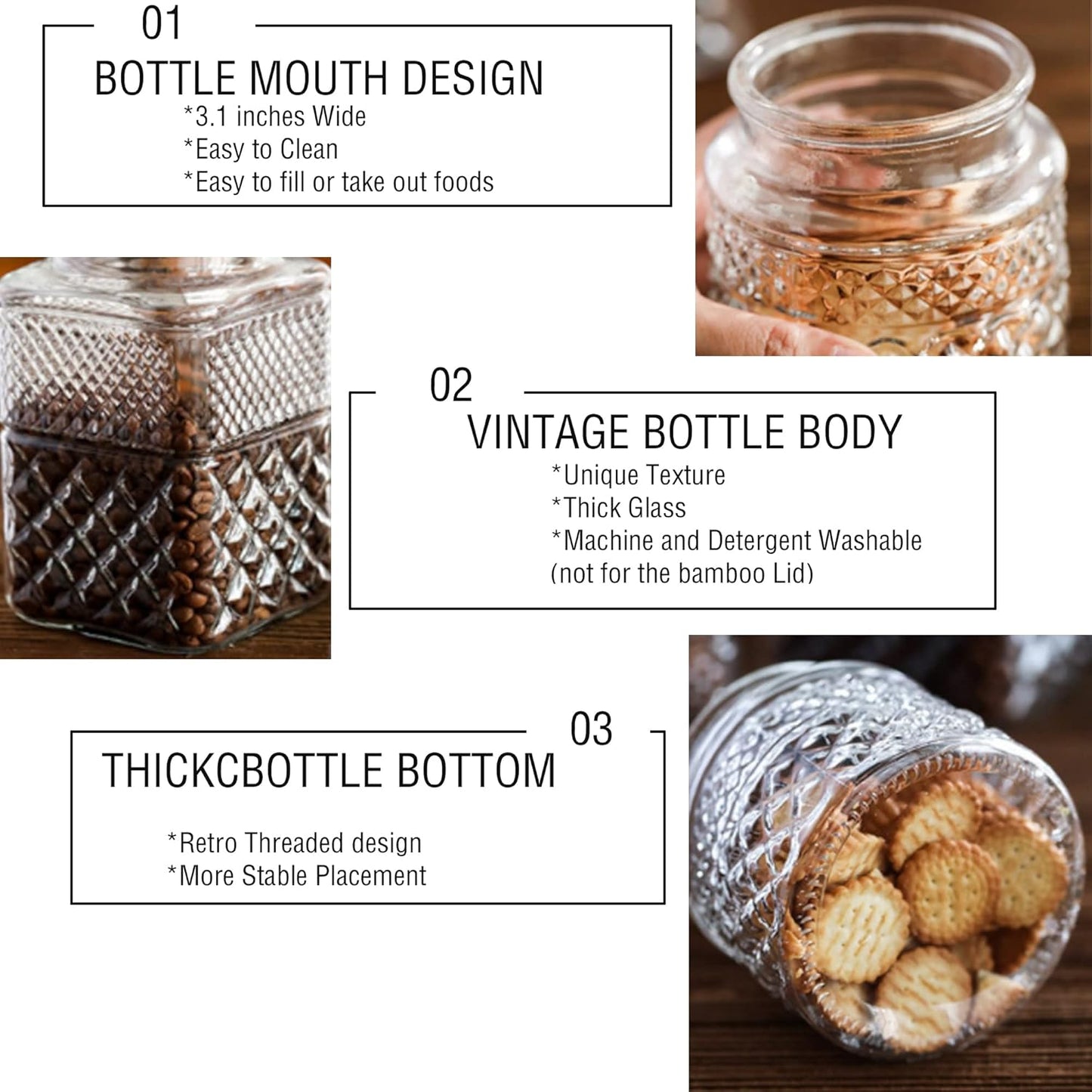 60oz Large Glass Storage Jar with Bamboo Lid – 1.5Qt Airtight Embossed Container for Pantry, Kitchen, Flour, Sugar, Coffee, Cereal, Pasta, and Dry Food