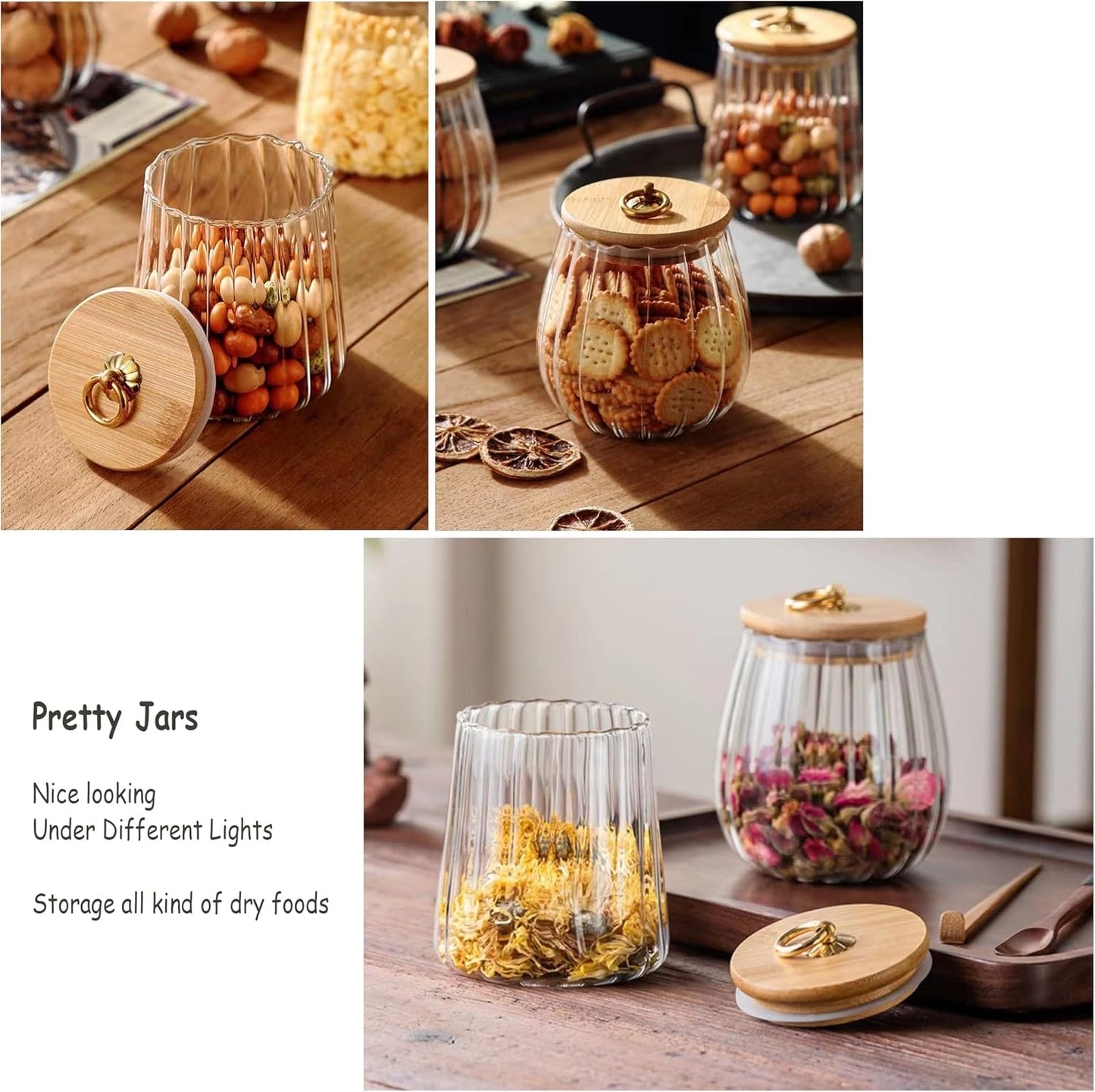 700ml Glass Storage Jar with Wooden Lid and Gold Ring – 23oz Clear Airtight Jar for Dry Goods, Coffee Beans, Spices, Candy, or Home Décor
