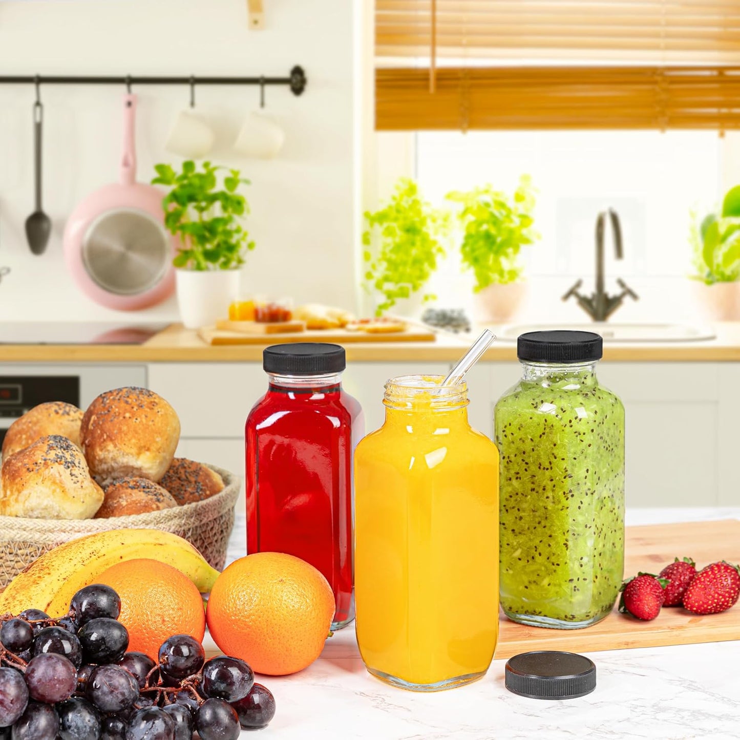 480ml / 16oz Glass Bottles (Set of 3 with 6 Lids) – Leak-Proof, Reusable, Dishwasher & Refrigerator Safe, Ideal for Juice, Tea, Spices