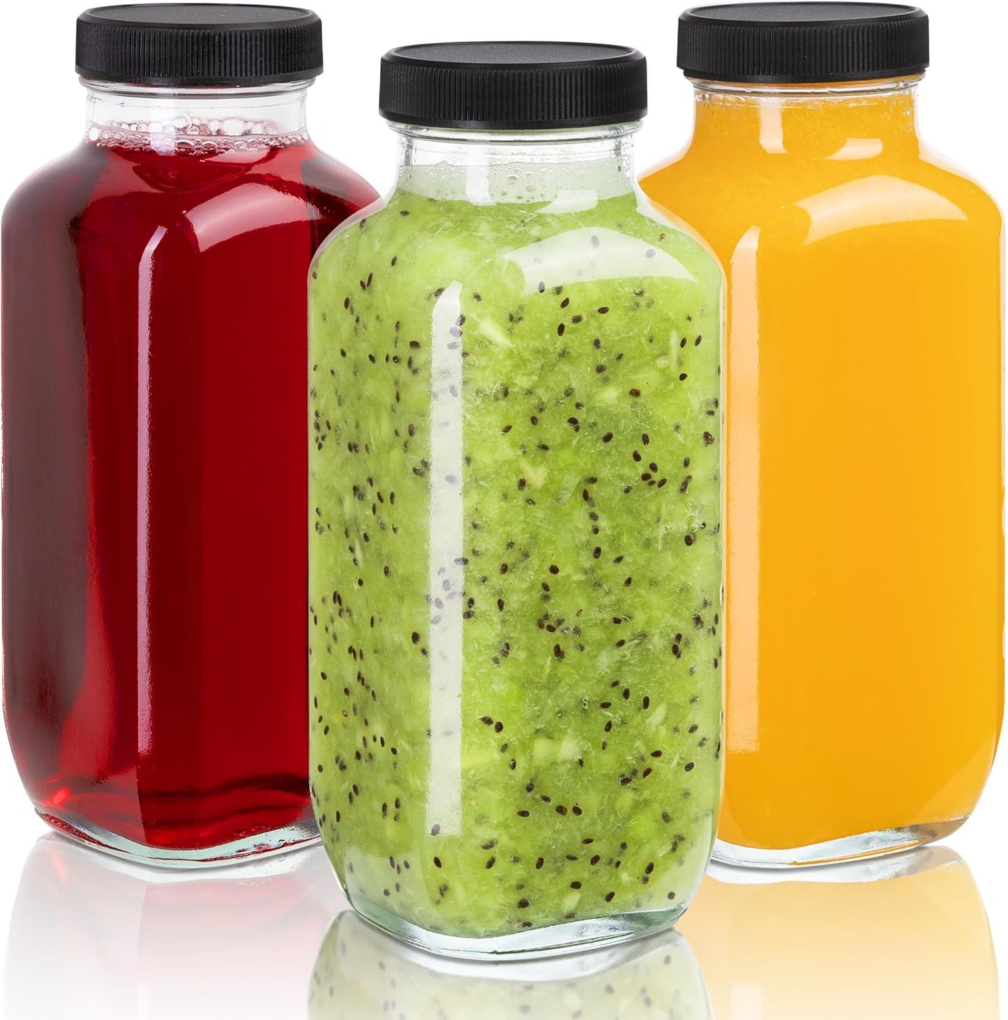 480ml / 16oz Glass Bottles (Set of 3 with 6 Lids) – Leak-Proof, Reusable, Dishwasher & Refrigerator Safe, Ideal for Juice, Tea, Spices
