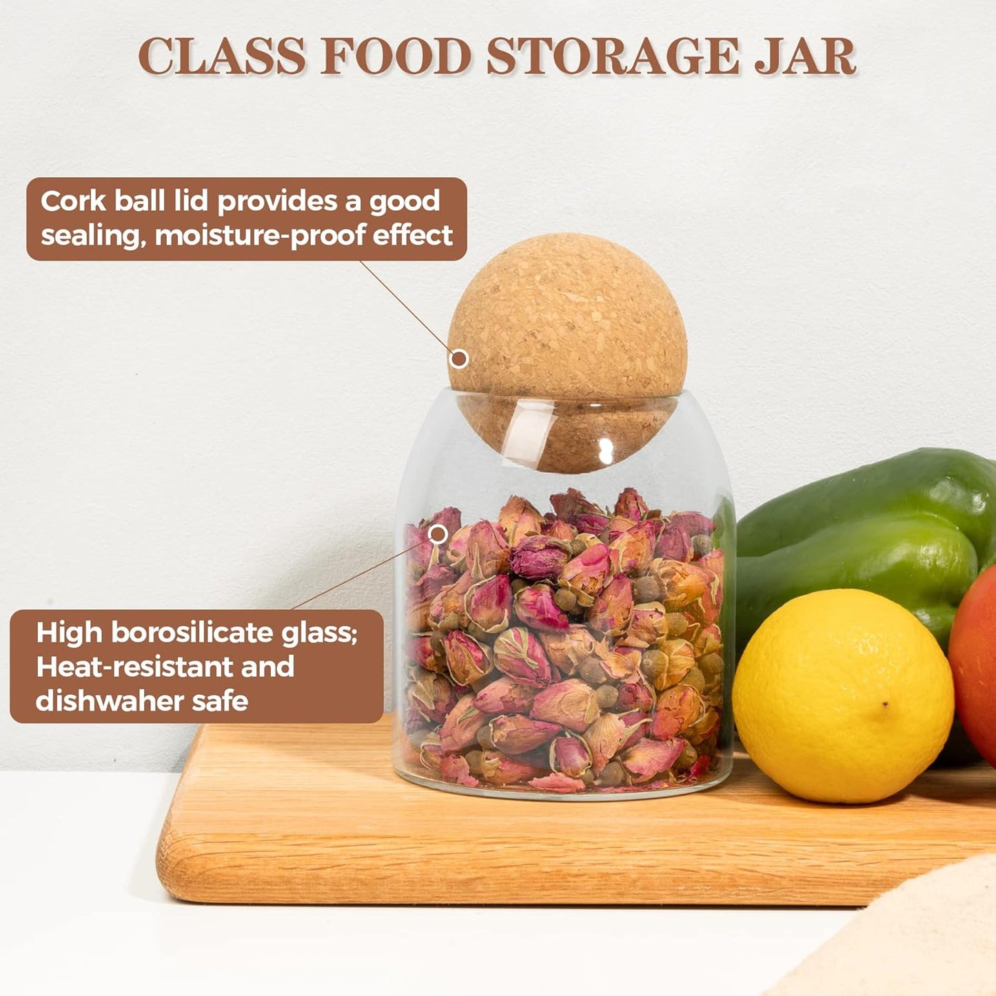 16oz Glass Storage Jar with Natural Wooden Ball Lid – Modern Airtight Clear Jar for Kitchen Pantry, Tea, Coffee, Spices, Snacks, Decorative Canister