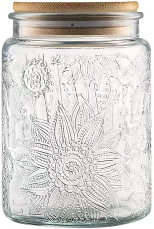 700ml / 23.7oz Embossed Glass Jar with Natural Bamboo Lid – Airtight, BPA-Free, Freezer Safe, Durable Storage Container for Dry Goods, Snacks, Tea & More