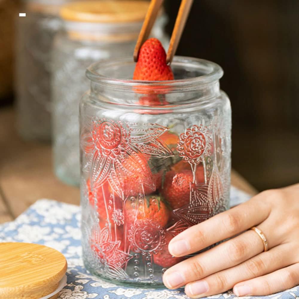 700ml / 23.7oz Embossed Glass Jar with Natural Bamboo Lid – Airtight, BPA-Free, Freezer Safe, Durable Storage Container for Dry Goods, Snacks, Tea & More