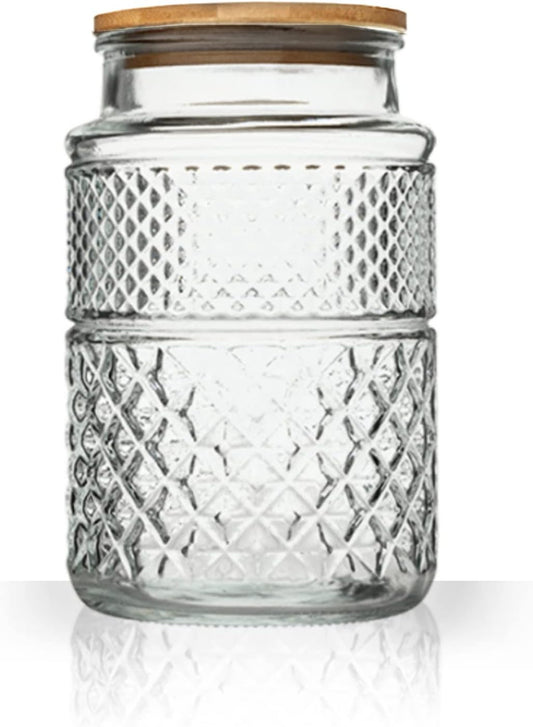 60oz Large Glass Storage Jar with Bamboo Lid – 1.5Qt Airtight Embossed Container for Pantry, Kitchen, Flour, Sugar, Coffee, Cereal, Pasta, and Dry Food
