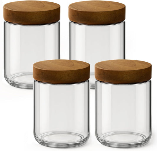 4-Pack 16oz Clear Glass Storage Jars with Natural Wooden Lids – Airtight Food Containers for Pasta, Coffee, Spices, Snacks & More