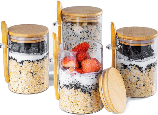 16oz Glass Storage Jar with Bamboo Clamp Lid – Airtight Round Container for Overnight Oats, Yogurt, Snacks, BPA-Free, Lead-Free, Dishwasher and Fridge Safe
