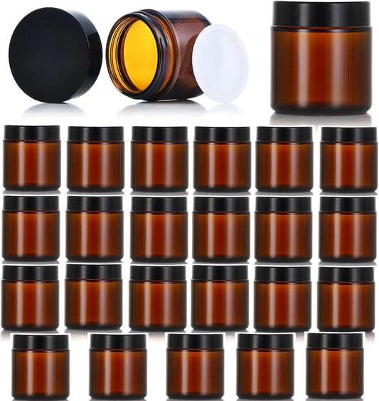 24-Pack 4oz Amber Glass Jars with Black Lids – Wide Mouth, BPA-Free, Reusable Containers for Creams, Salves, Candles, Balms & DIY Packaging