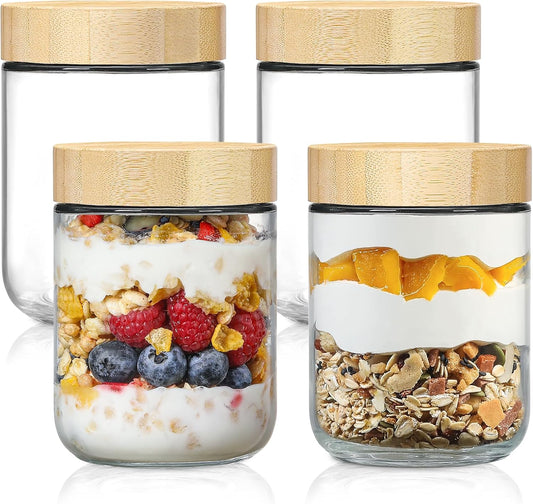 4-Pack 16oz Borosilicate Glass Storage Jars with Airtight Natural Bamboo Lids Food-Grade, Eco-Friendly, Freezer Safe, Minimalist Design