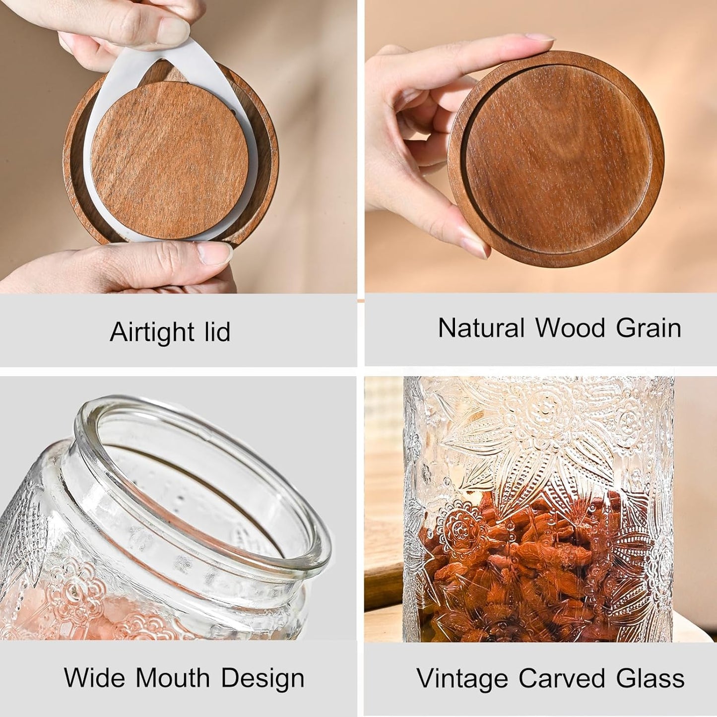 32oz Embossed Glass Jar with Natural Wooden Lid – Airtight, BPA-Free, Thick Food-Safe Glass Storage Container for Dry Goods, Snacks, Tea, Coffee & More