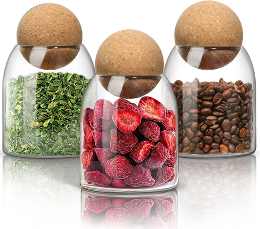 16oz Glass Storage Jar with Natural Wooden Ball Lid – Modern Airtight Clear Jar for Kitchen Pantry, Tea, Coffee, Spices, Snacks, Decorative Canister