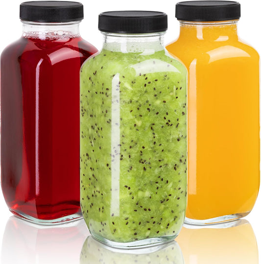 480ml / 16oz Glass Bottles (Set of 3 with 6 Lids) – Leak-Proof, Reusable, Dishwasher & Refrigerator Safe, Ideal for Juice, Tea, Spices